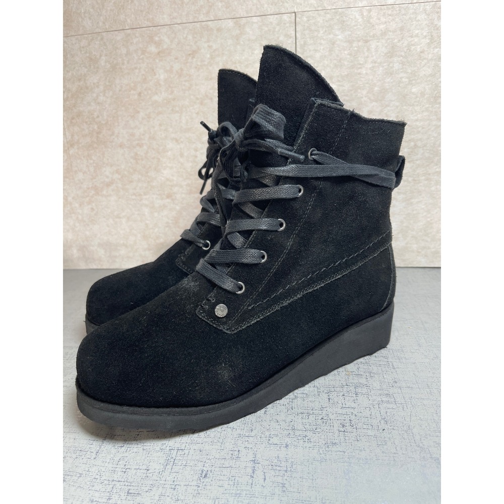Bearpaw Krista Womens Suede Lace Up Ankle Boots Black Wedge Sole Shearling 9